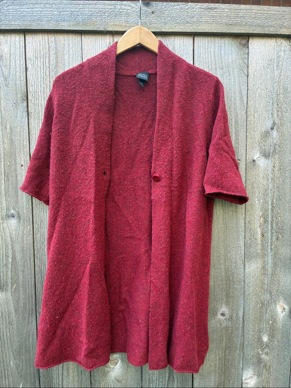 Eileen Fisher Wool Blend Red Shawl Collar Short-Sleeve Open Cardigan